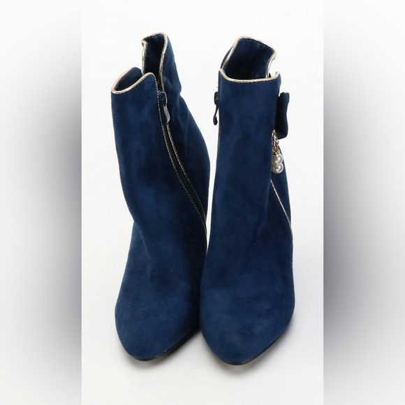 Ankle boots, blue, and gold with pearl chain - Picture 2 of 4